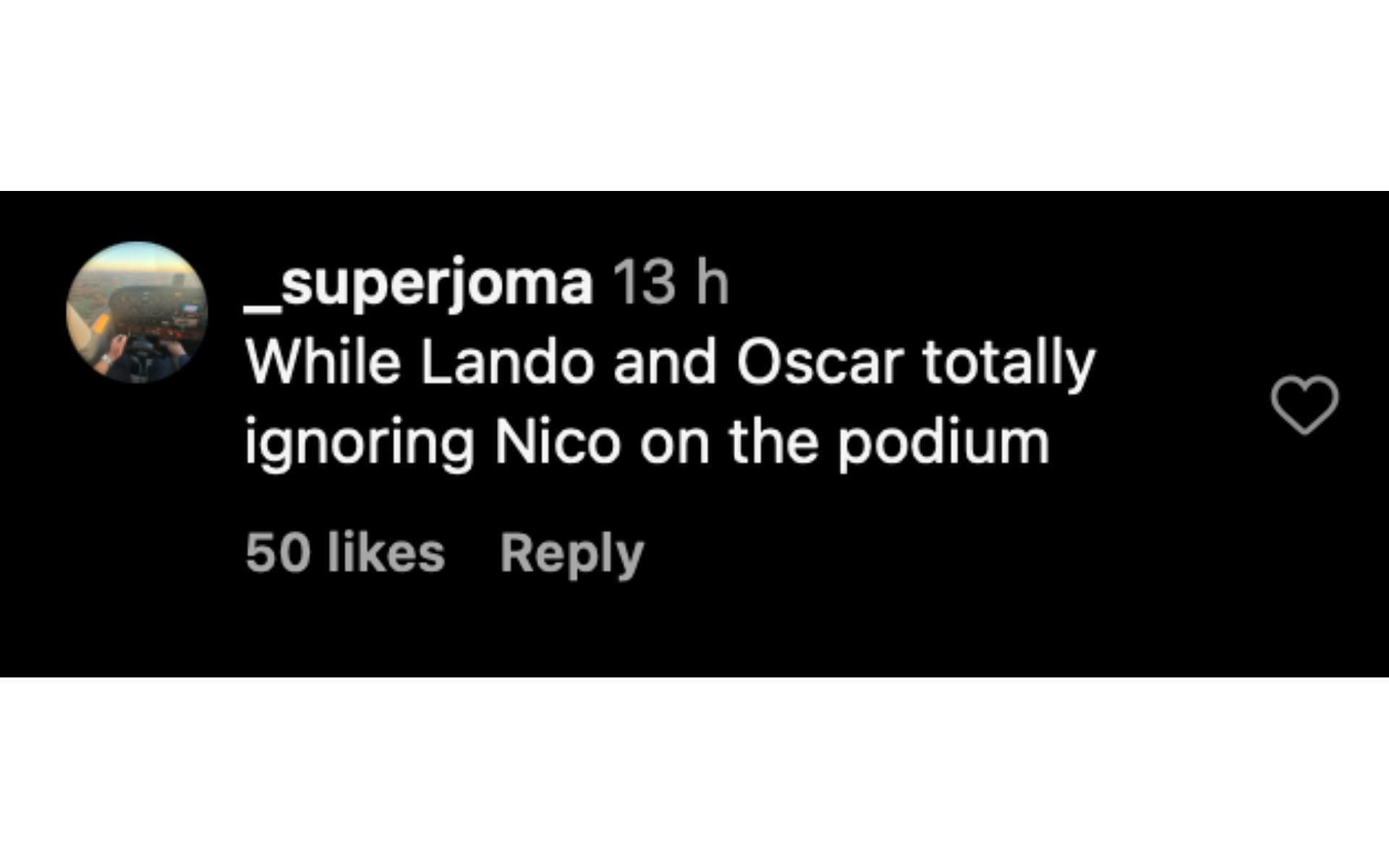 A fan's comment on Verstappen congratulating Hulkenberg for his podium at the British GP | Source: Instagram/@fastforwardnet
